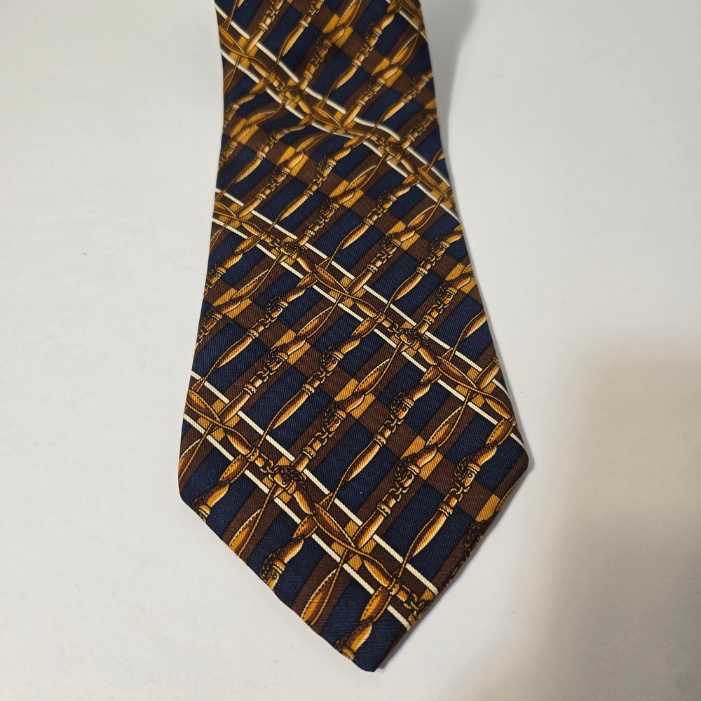BROOKS BROTHERS made in USA 100% Silk Tie Men's Navy‎ Blue Brown Necktie